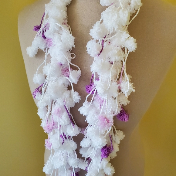 Crocheted White and Purple PomPom Loop Scarf/New - Picture 3 of 4
